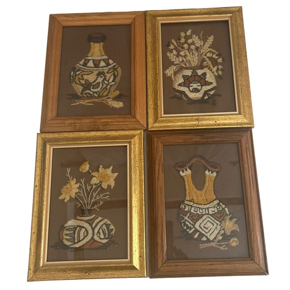 Vtg Crewel Embroidery Native American Southwest Framed Complete Set Of 4 - Picture 1 of 7